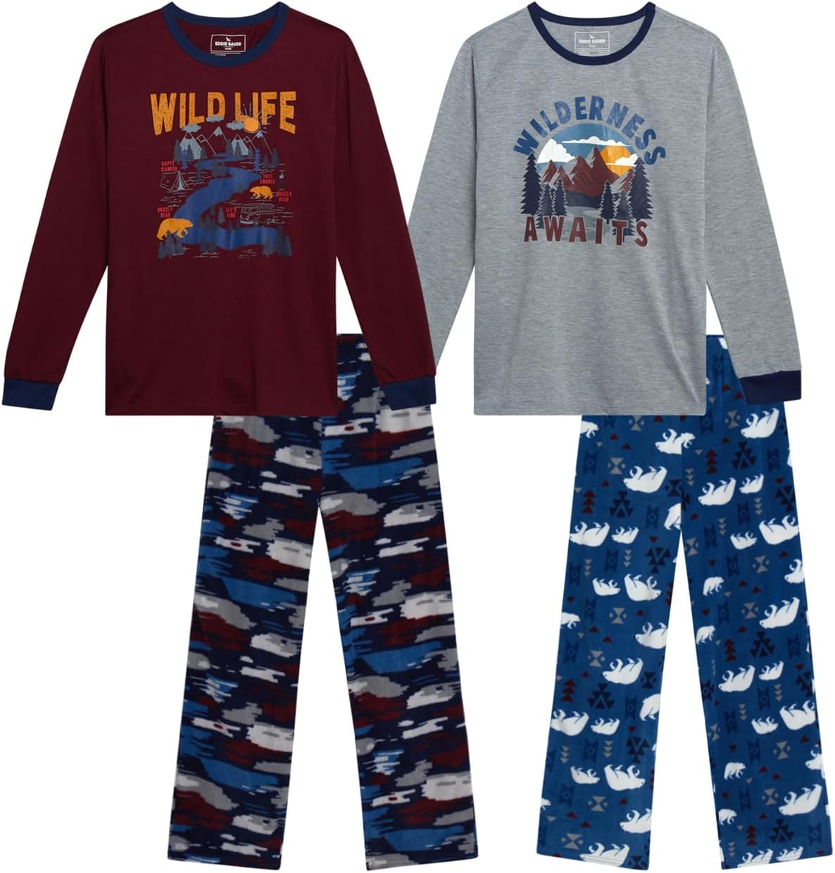Eddie Bauer Boys' Pajama Set - 4 Piece Matching Fleece Graphic Pajama Tops and Pajama Pants for Boys (Sizes: XS-L)