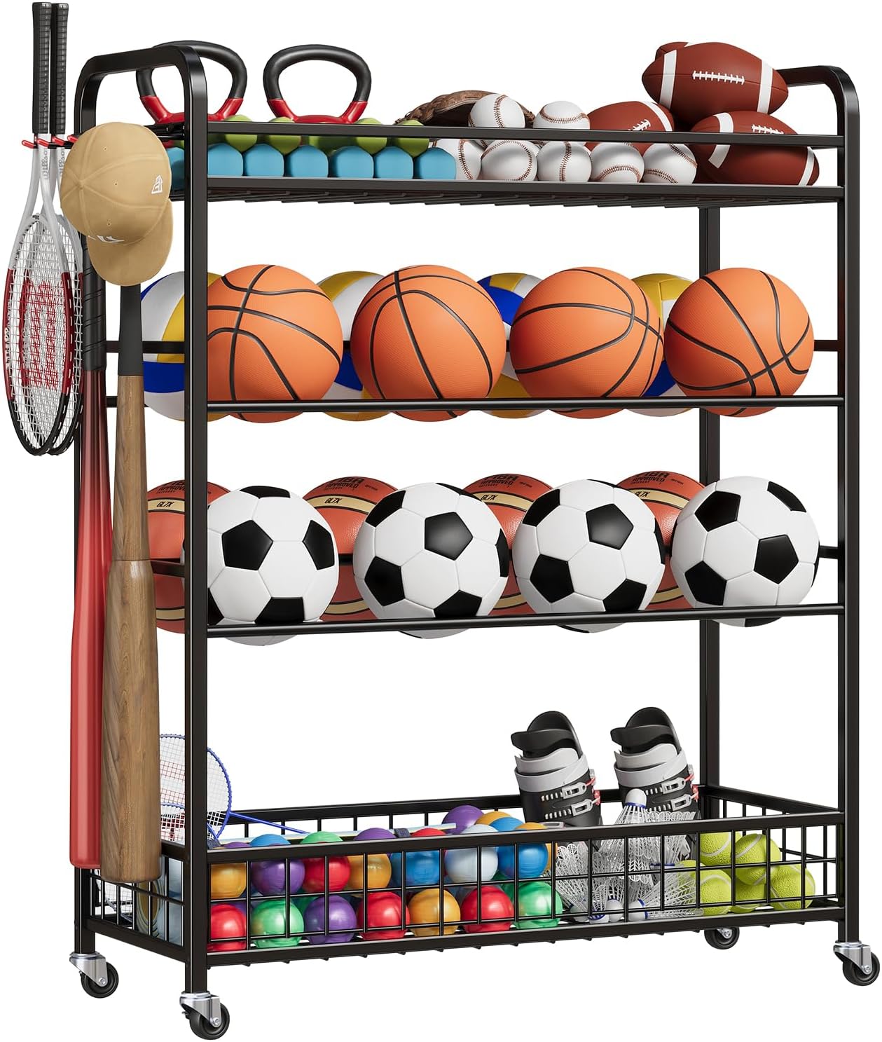 GarveeLife Rolling Garage Sports Organizer: Ball Storage Rack with Wheels, Hooks for Bats, Helmets & Gear - Indoor/Outdoor Toy Bin