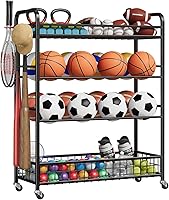 GarveeLife Rolling Garage Sports Organizer: Ball Storage Rack with Wheels, Hooks for Bats, Helmets & Gear - Indoor/Outdoor Toy Bin