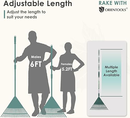 Miniatura 6 de ORIENTOOLS Rastrillo para hojas, rastrillo ajustable para hojas de jardín, rastrillo de polietileno de acero ligero, 22 púas, 42 a 60 pulgadas
