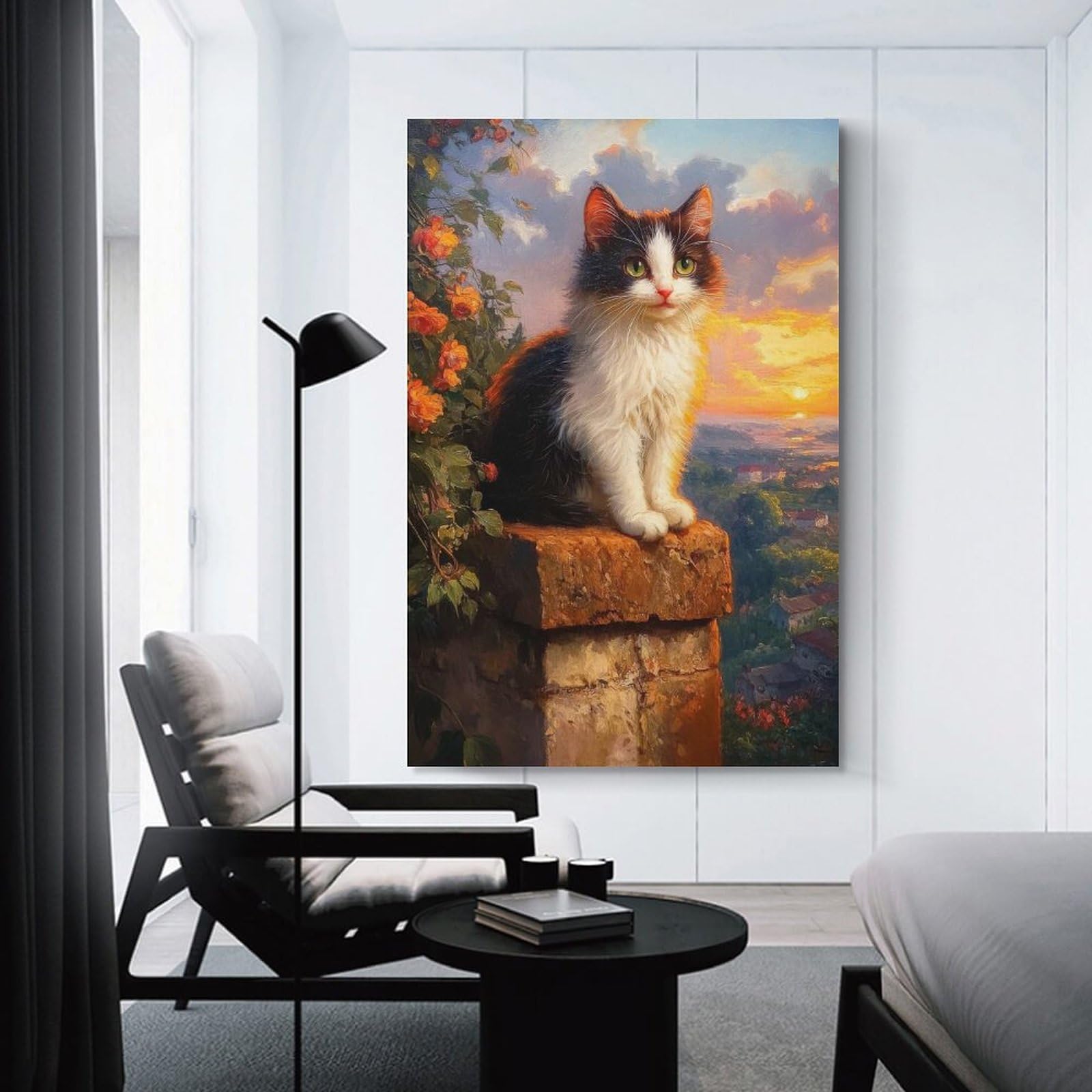 Junmoney Unframe-Style-10 Cat At Sunset Room Decor Wall Art 08X12inch(20X30cm), For Lounge Decor, Offices Or Entryway Styling, A Flexible Wall Accent For Shared Spaces
