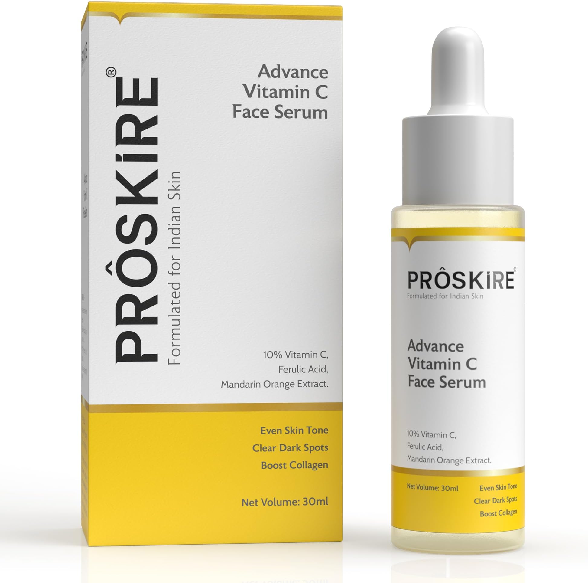 Proskire 10% Advance Vitamin C Serum With Ferulic Acid, Mandarin Orange Ext. For Dark Spots, Pigmentation & Glowing Face - 30 ml Pack