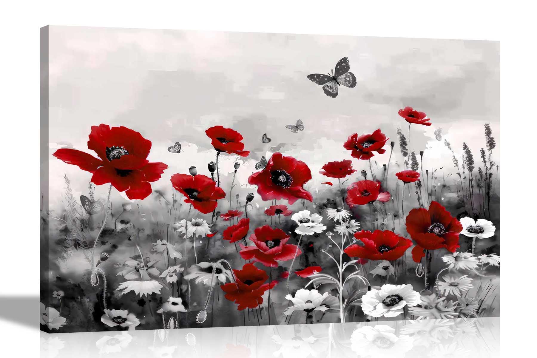 Artley Prints Red Poppy Flowers - Abstract And Butterflies Canvas Wall Art Prints Living Room Bedroom Hallway Decor Pictures 76 X 50Cm (30 X 20 Inches)