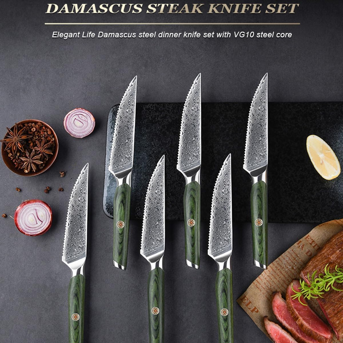 Damascus Steak Knife Set of 6, Steak Knife Set 4.5-Inch Serrated Sharp Full Cut Design, Rust Resistant 67-Layer Steel Kitchen Steak Knife,Ideal for Home Restaurant Party