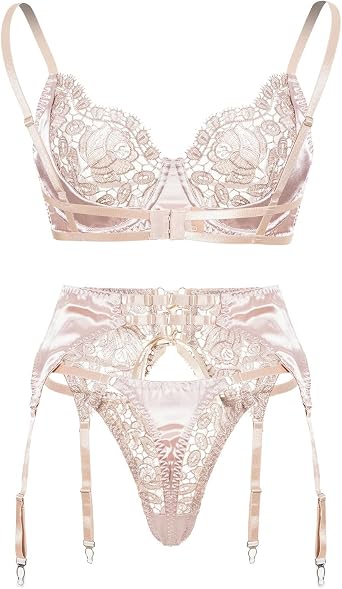 Sexy Lingerie Set for Women Floral Embroidery Lace Bra Panties Girdle Garter Naughty Outfit