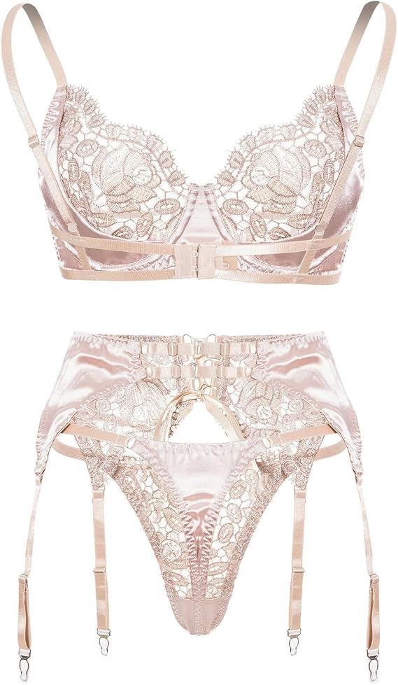 Sexy Lingerie Set for Women Floral Embroidery Lace Bra Panties Girdle Garter Naughty Outfit
