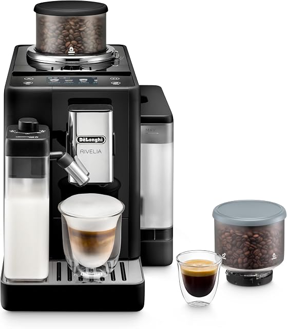 De'Longhi Rivelia Automatic Espresso Machine, Integrated Grinder, Two Removable Bean Hoppers, Automatic Milk Frother for Hot and Iced Lattes, Coffee, and more, Black