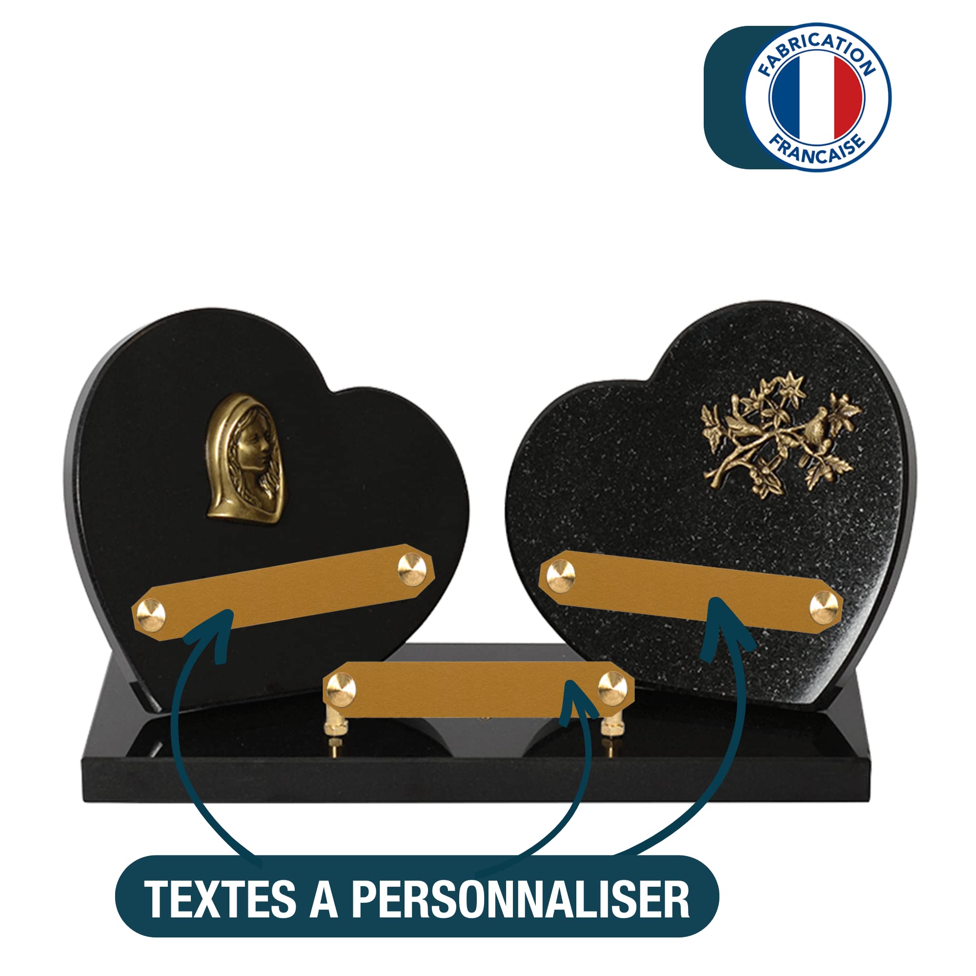 Plaque funéraire personnalisée coeur - Granit - assemblée en France - bronze vierge marie oiseaux - H 20 X L 35 cm - 3 textes