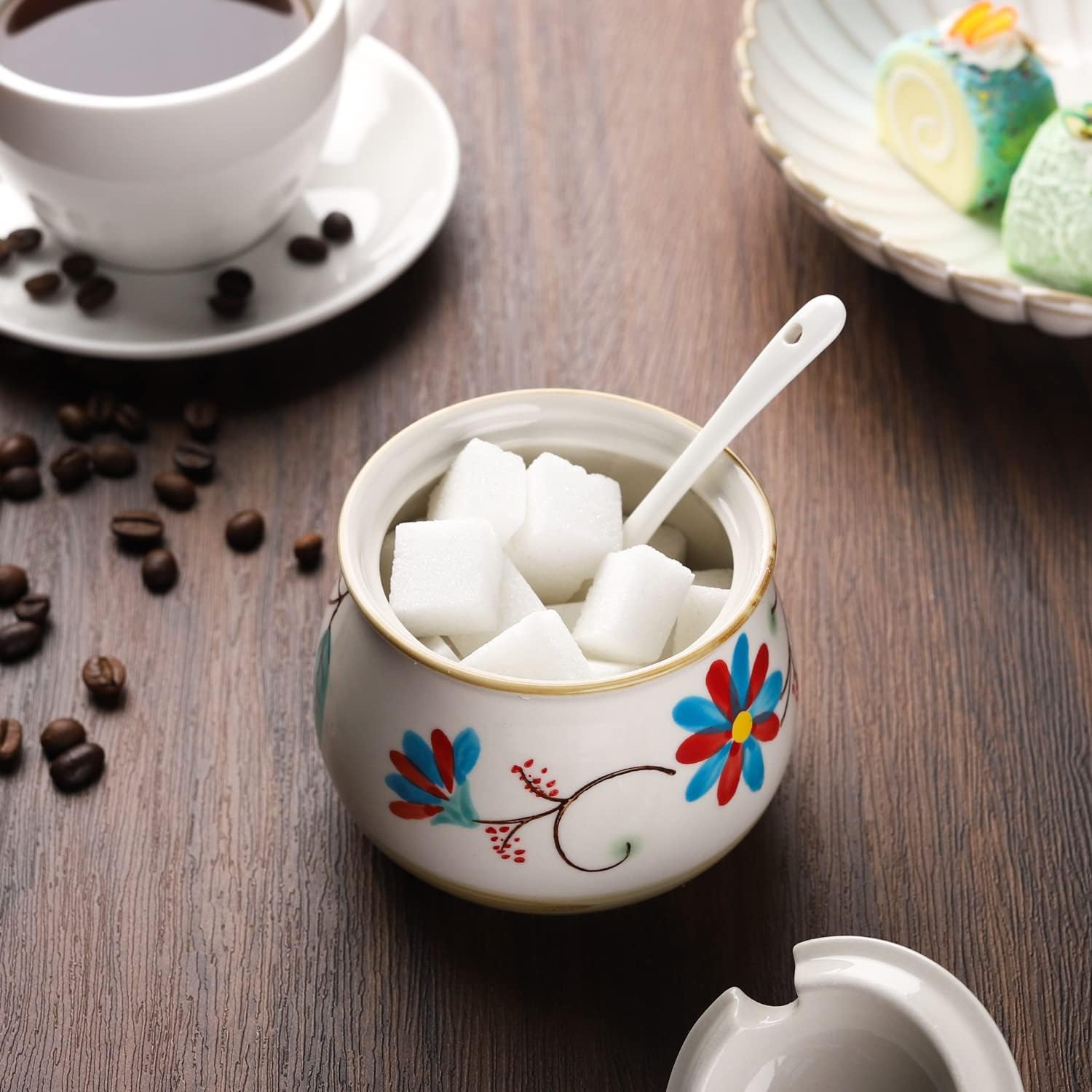 Porcelain Sugar Bowl Set of 2 Porcelain Sugar Jar with Lid and Spoon Sugar Canister Storage Container for Sugar Salt Spice Pepper Condiment (Style 2)
