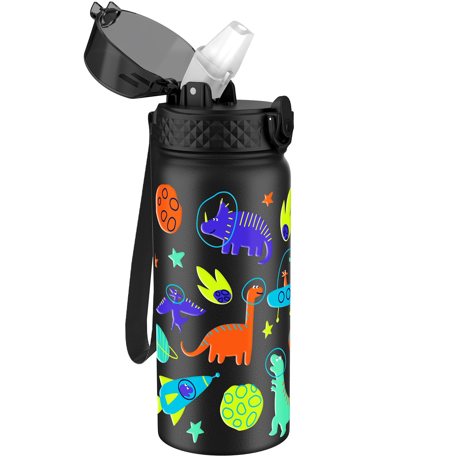 GOPPUS 18oz Kids Insulated Water Bottle with Straw Lid Cute Double Wall Stainless Steel Metal Leak Proof with