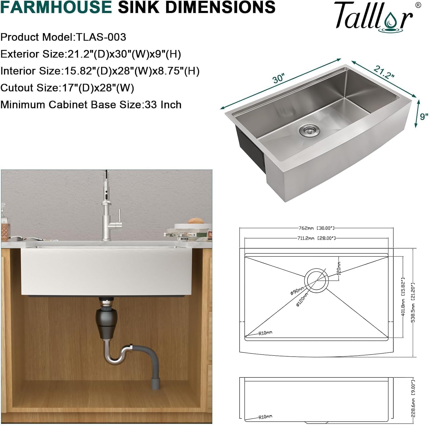 30 Apron Front Farmhouse Kitchen Sink - Talllor 30" x 21" Farm Sinks Handmade 16 Gauge 304 Stainless Steel Farmer Barn Sink Single Bowl Workstation All-In One Accesories #TLAS-001
