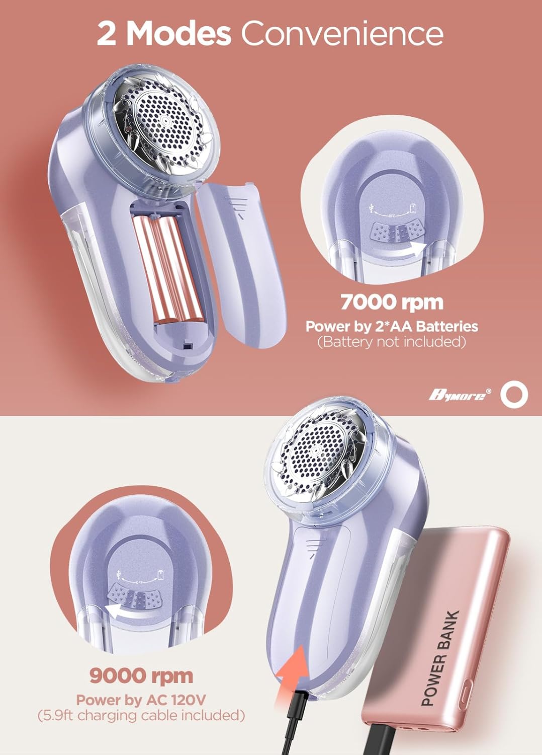 Bymore Fabric Shaver, Lint Remover, Lint Shaver Defuzzer Sweater Shaver for Clothes and Furniture with AC Adapter Pill Fuzz Remover-Purple - Image 5