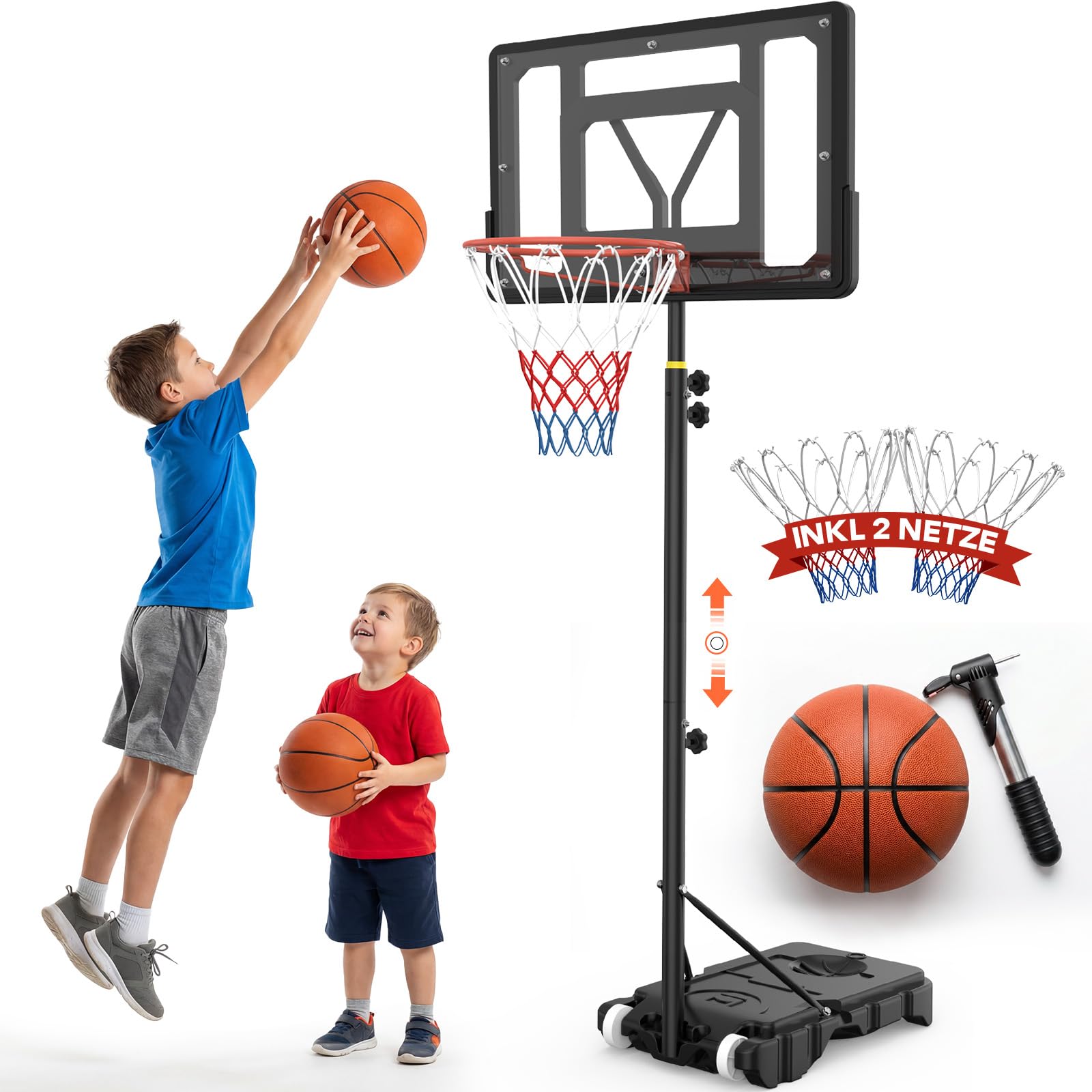 Basketballkorb Outdoor für Kinder: 155-210 cm Höhenverstellbar für Kinder 4-14 Jahre - Inkl. 2X Netze, Basketball & Pumpe - Basketballkörbe mit Ständer für Indoor Outdoor Garten Hof Garage