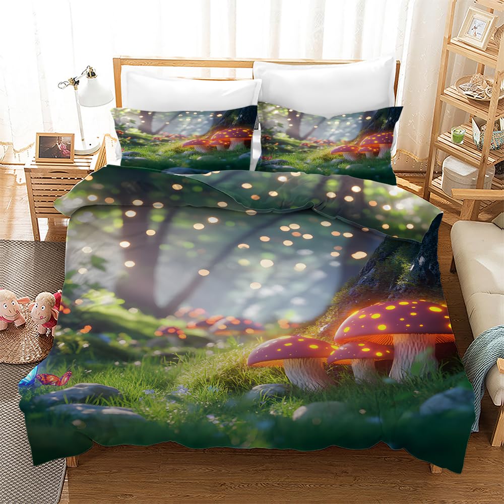 Parure de lit 240x220 champignons avec housse de couette réversible forêt verte pour enfants