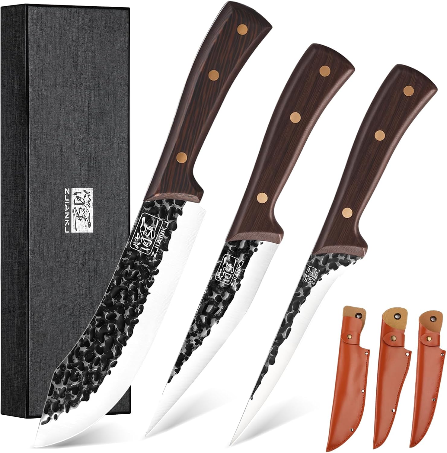 Set Cuchillos Carnicero 3 Piezas Acero Inoxidable Mango Madera