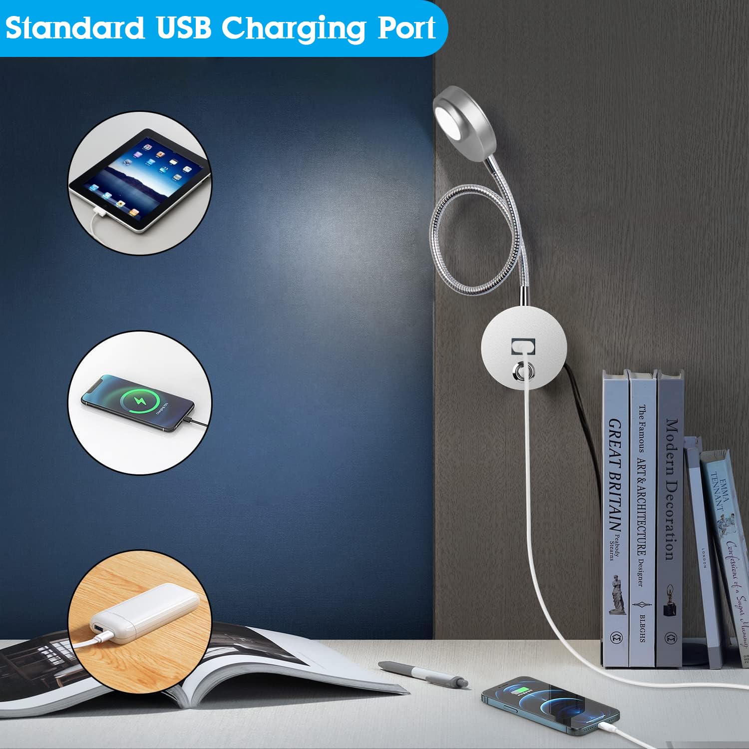 Lampada Da Parete Dimmerabile Con USB - Luce Da Lettura A Collo Di Cigno Regolabile - Touch Control - Foto 4