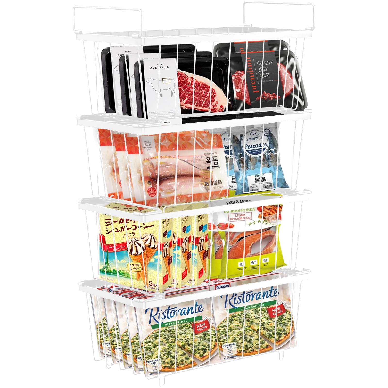 4 Pack Chest Freezer Baskets, Stackable Freezer Organiser with Handles, Freezer Baskets for 198L Sort Frozen Foods, Freezer Organiser, Freezer Storage Boxes Wire Drawers Bins, Easy to Get Items（White）