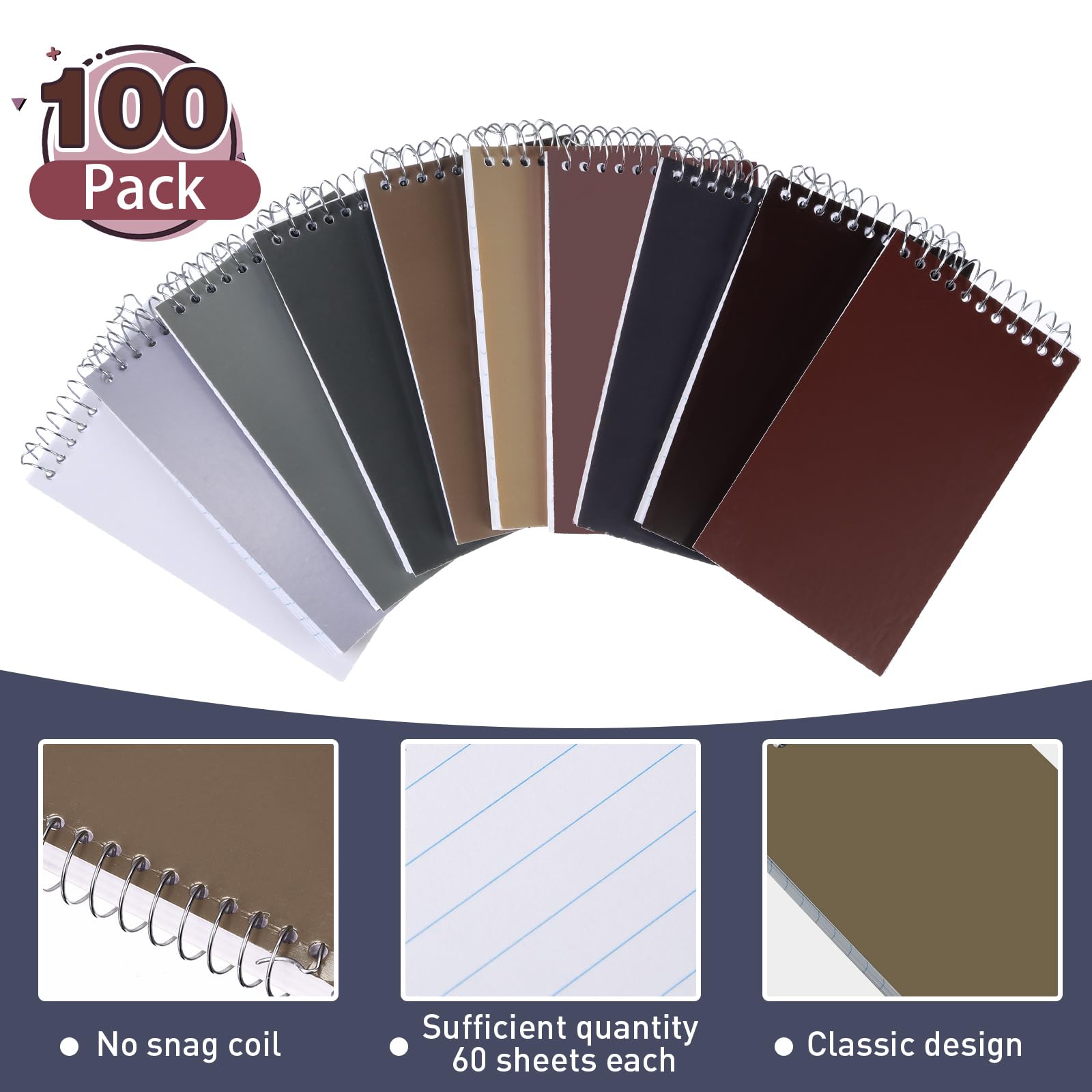 Lot de 100 blocs-notes à spirales à spirales 7,6 x 12,7 cm - Petit bloc-notes ligné pour collège - 60 feuilles/bloc-notes à spirale - Bloc à gratter (multicolore)