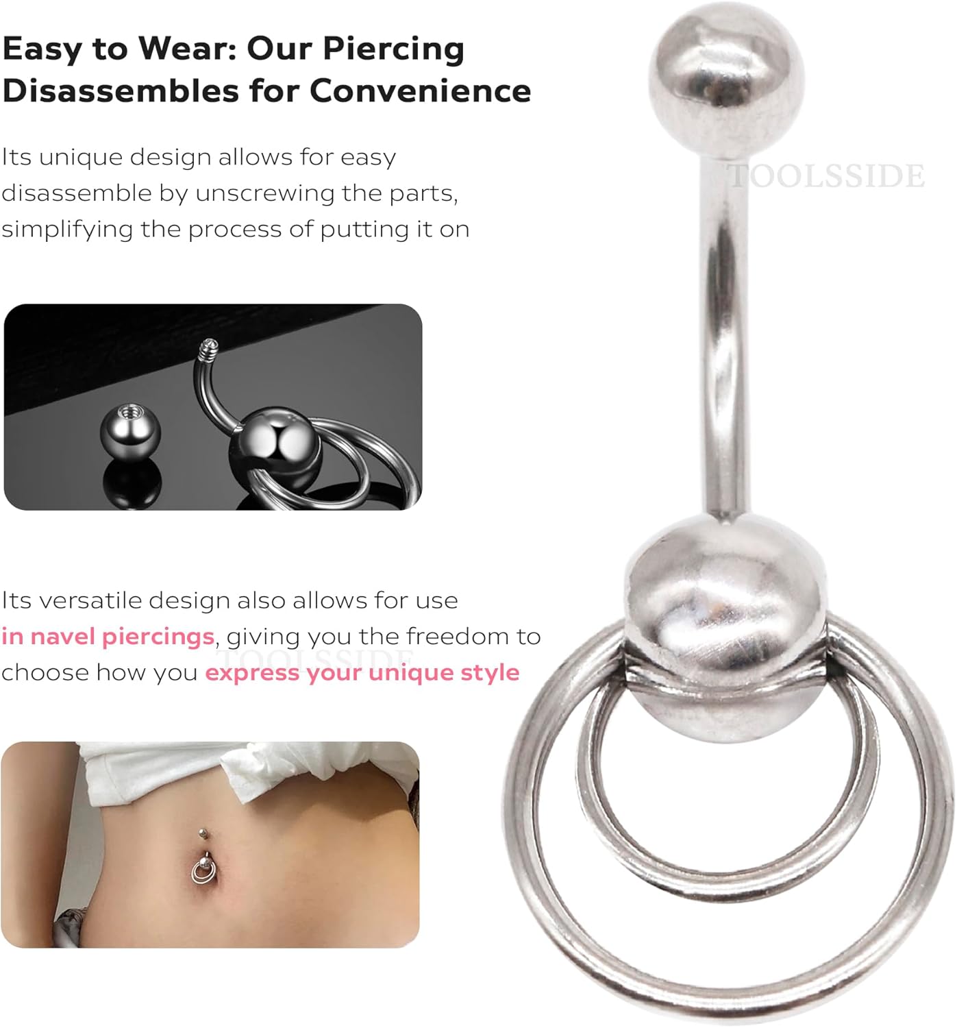 TOOLSSIDE Belly Button Ring with Two Rings VCH Piercing Jewelry 14G Stainless Steel Belly Button Piercing Belly Rings for Women Navel Piercing Jewelry - Image 3