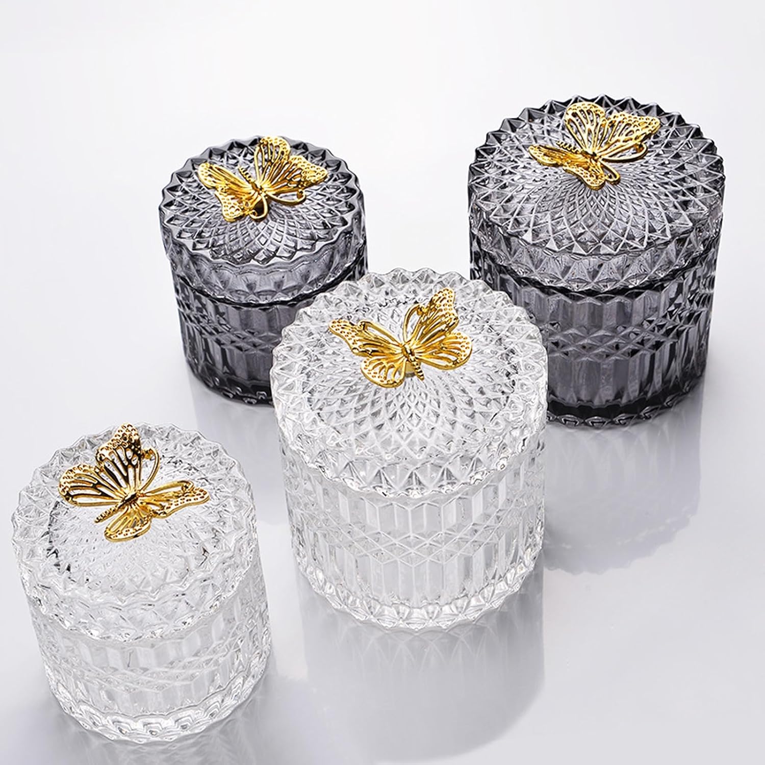 Glass Jewelry Jar with Lid, Cotton Swab Qtips Holder Dispenser Glass Candy Buffet Jar Small Glass Storage Jar Cute Butterfly Lids,White,Little