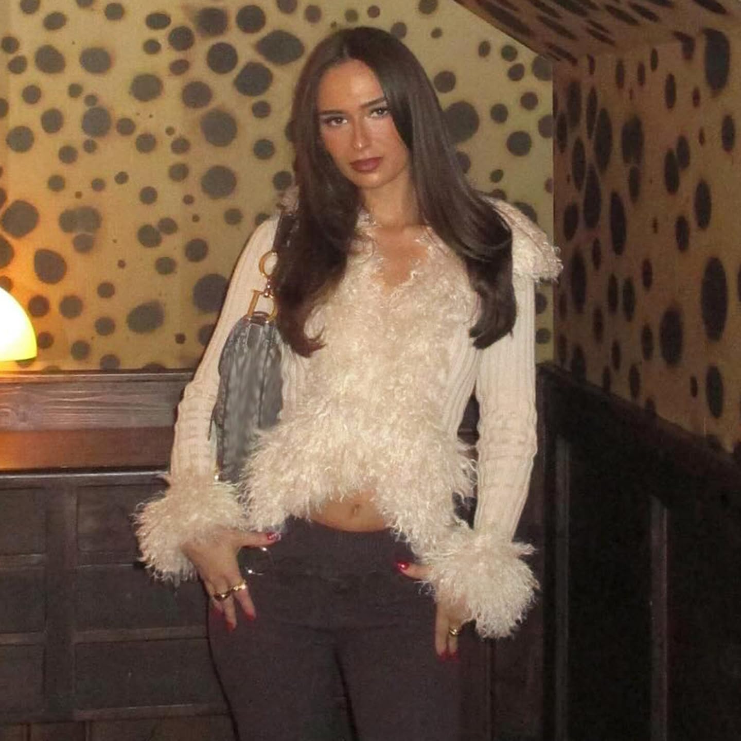 Sweater Jacket for Women Elegant Knit Long Sleeve V Neck Fur Sleeve Cardigan Fall Coat