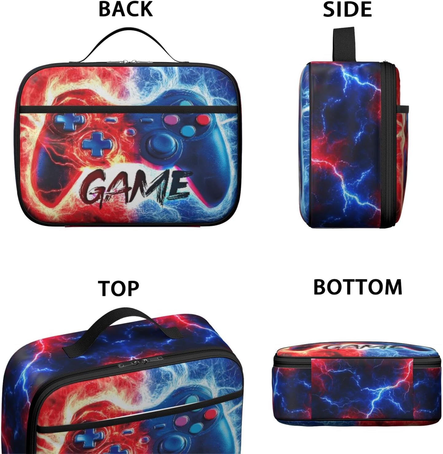 Red Blue Game Lunch Box Bag - Insulated Lunch Box for Boys Girls Kids, Zippered Portable School Lunch Container, Gaming Themed Cooler Lunchbox Bag with Handle for Kids Travel Picnic School
