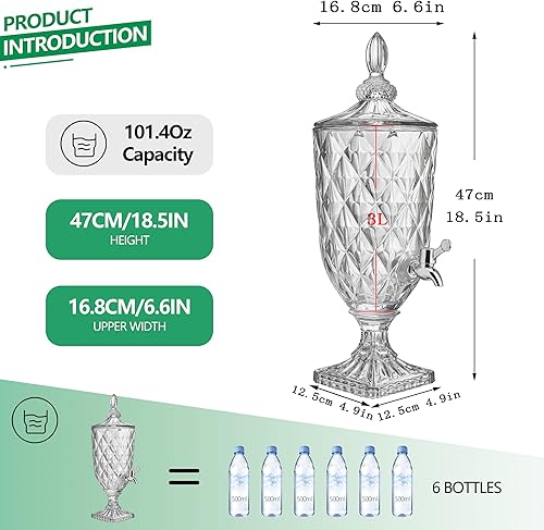 Miniatura 3 de Dispensador de bebidas de vidrio de 0.8 galones para fiestas con espita de vidrio dispensador de bebidas heladas con tapa, servidor de bebidas