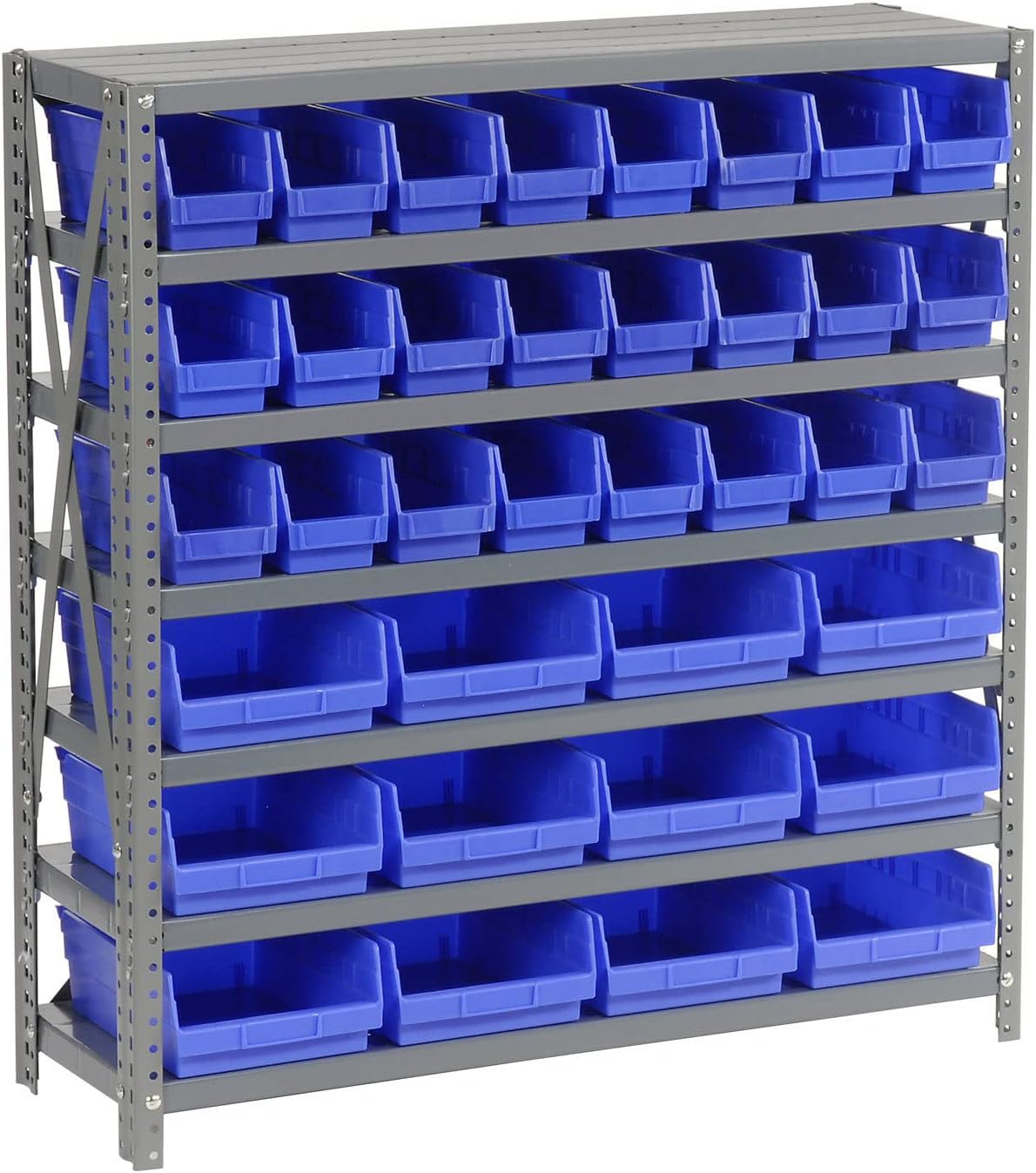 Global Industrial 7 Shelf Steel Shelving with (36) 4 H Plastic Shelf Bins, Blue, 36x12x39