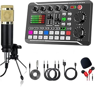 F998 Live Sound Card & Audio Mixer with 16 Voice Effects, Vocal Changer for Streaming Podcast Recording - Portable Studio Mixer with Reverb, Noise Reduction, Monitor Output (Golden Microphone Set)