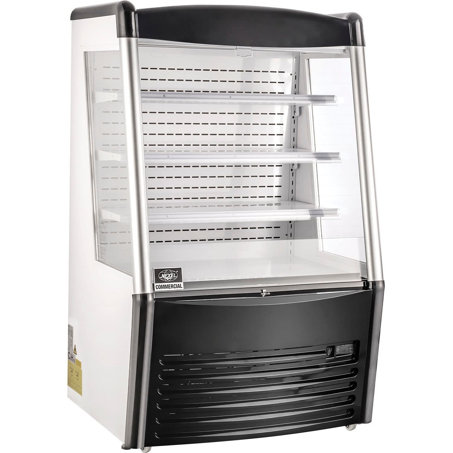 Global Industrial Nexel Refrigerated Open Display Merchandiser with Pull-Down Curtain, Includes 3 Adjustable Shelves, 13.8 Cu. Ft., Digital Thermostat