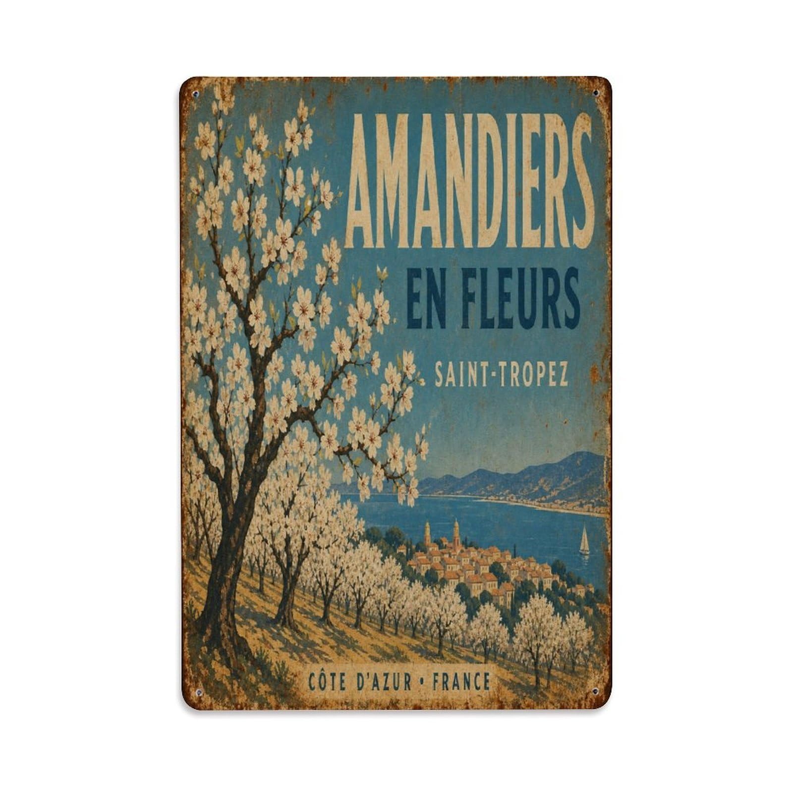Provence Botanical Travel Classic Mediterranean Blooms Metal Tin Sign Plaque Wall Decor for Cafe, Man Cave, Club Bar, Office, Home Garden Round Metal Poster 8x12Inch