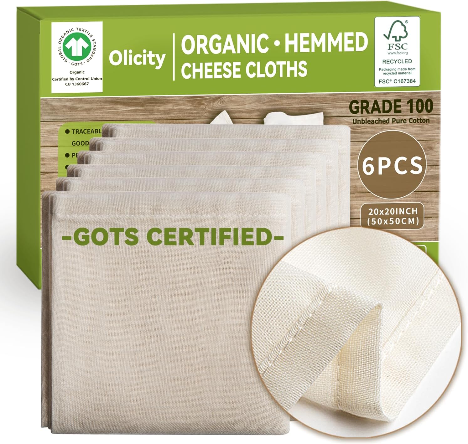 Organic Cheese Cloths, GOTS Certified, 6PCS, Grade 100, 20x20Inch Hemmed Cheese Cloth Fabric Reusable Fine Mesh Cloth, 100% Cotton Unbleached Muslin Cheesecloth for Straining, Cooking, Yogurt, Juicing Organic Cheese Cloths, GOTS Certified, 6PCS, Grade 100, 20x20Inch Hemmed Cheese Cloth Fabric Reusable Fine Mesh Cloth, 100% Cotton Unbleached Muslin Cheesecloth for Straining, Cooking, Yogurt, Juicing
