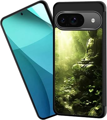 for Pixel 9 Case,Tire Anti-Skid Edges Cute Design Shockproof Bumper Full Protection Black Back Cover for Google Pixel 9,Buddha in Green Forest