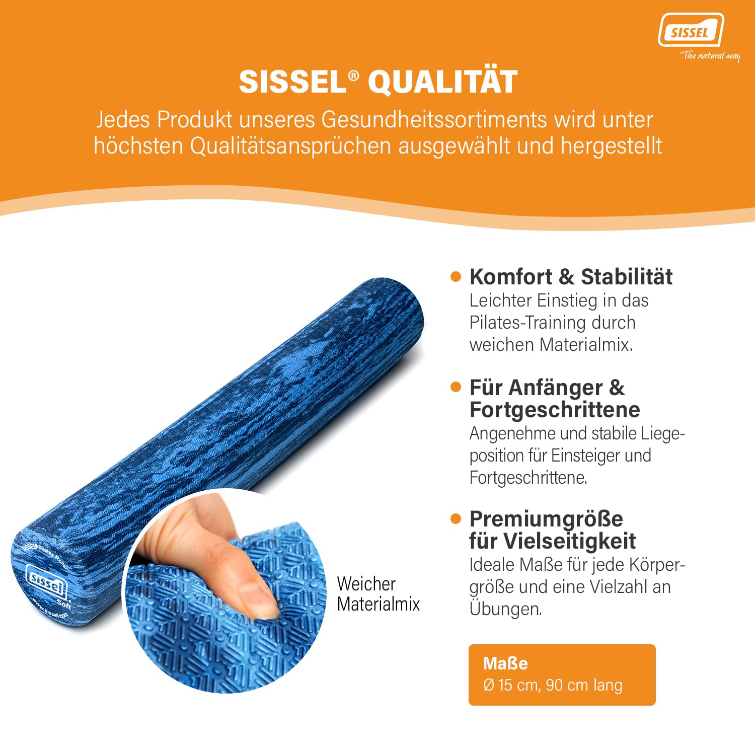 SISSEL Pilates Roller Pro Soft, Balance Core Stabilitätstraining, Ø 15cm, 90cm lang, Blau (Blue)