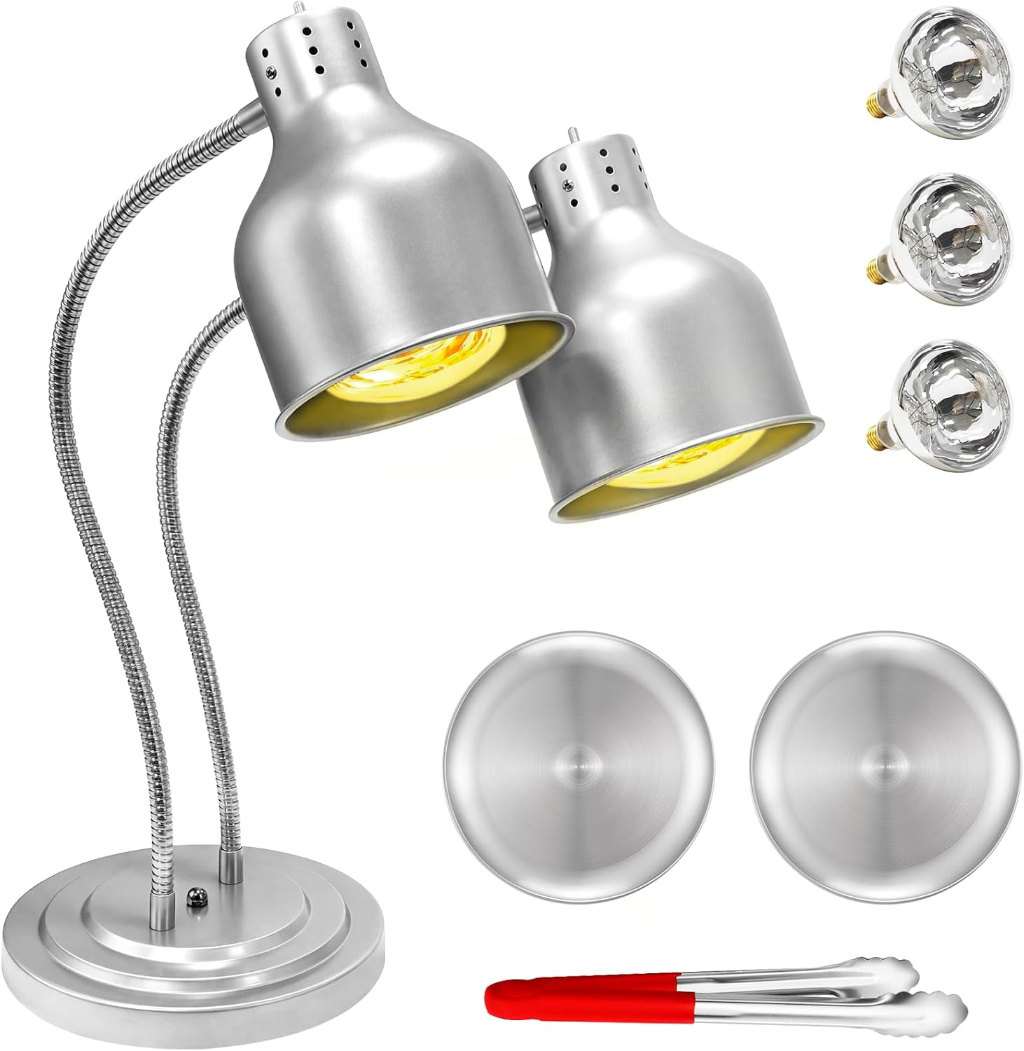 Original Food Heat Lamp, 500W Commercial Food Warmer Light with 3 Bulbs, Adjustable and Flexible Buffet Heating Lamp for Catering, Restaurant, Party (Includes Plates & Tong)