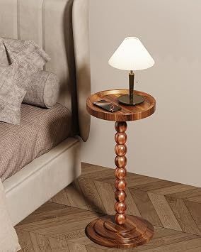 Round Wooden Side Table & Drink Table | Sturdy & Functional Mid-Century Modern Design with Solid Wood Columns for Living Room, Bedroom, Office & More