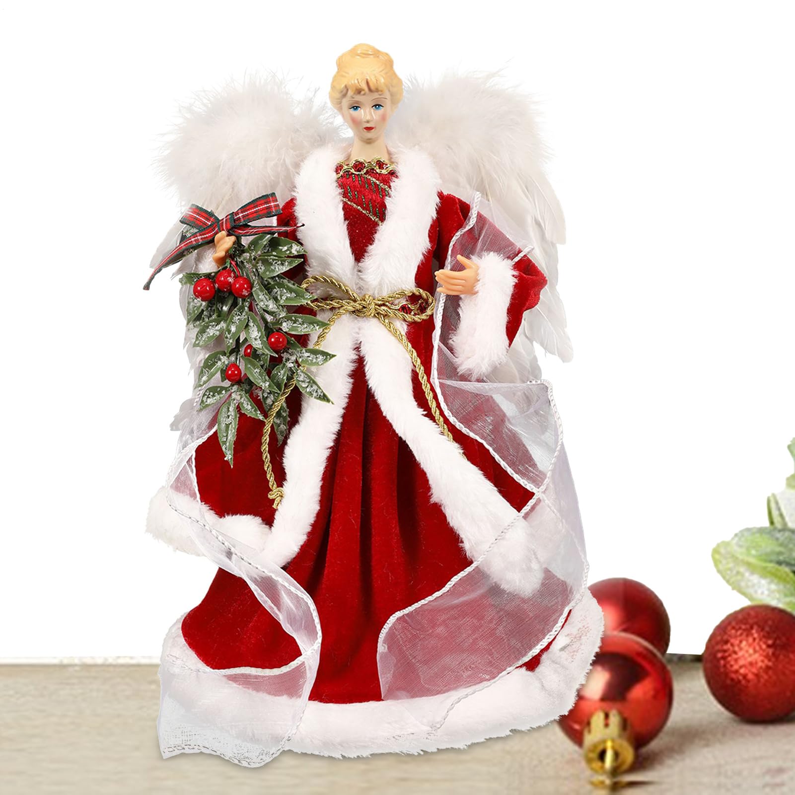 Ángel para el árbol de Navidad tradicional, heraldo dorado y adorno de felpa invernal.