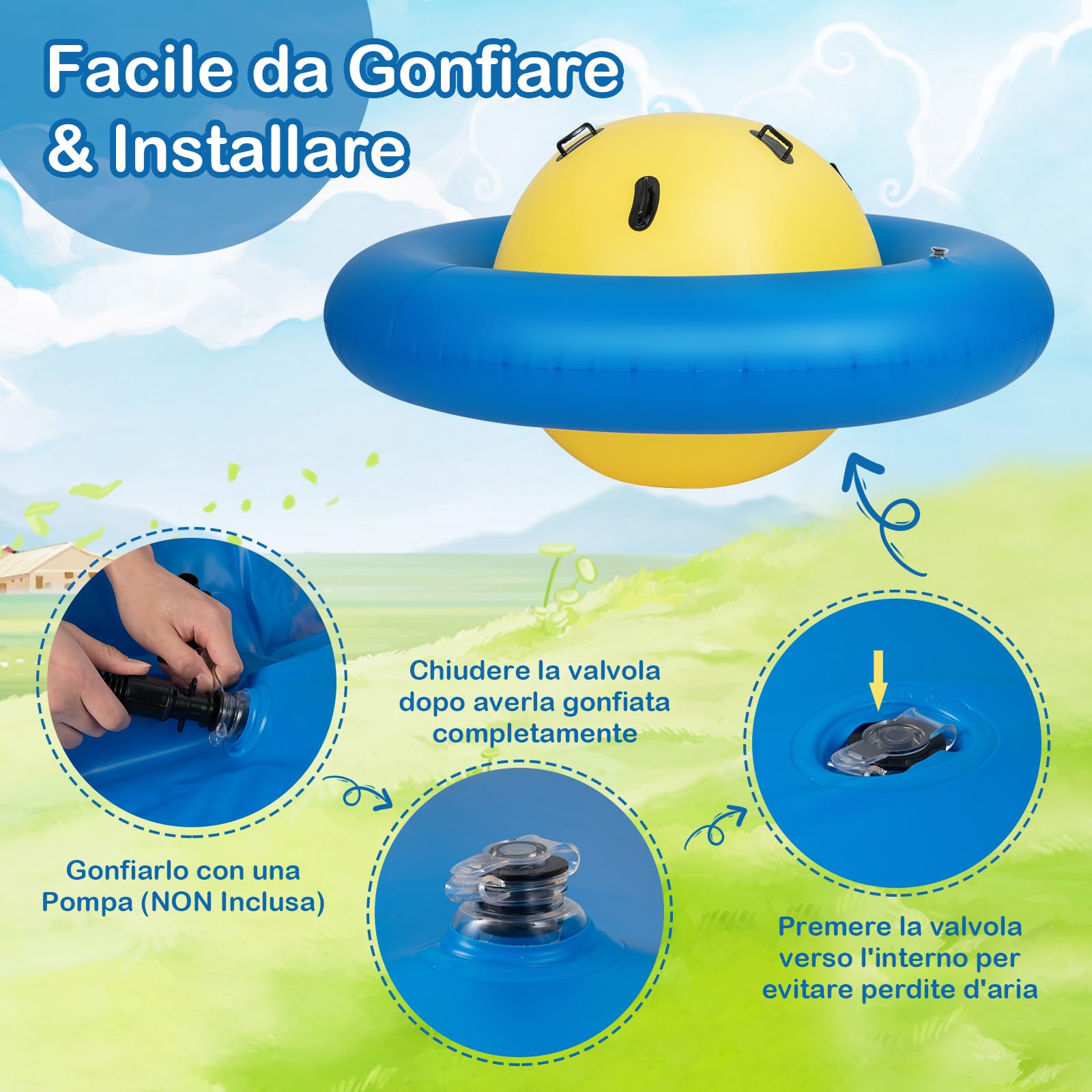 COSTWAY Giostra Gonfiabile a Pianeta per Bambini da 223CM per Inclinare, Arrampicarsi e Saltare con 6 Maniglie Incorporate, Giocattolo Spaziale per Esterno per Bambini dai 5 Anni+ (Giallo+Blu)