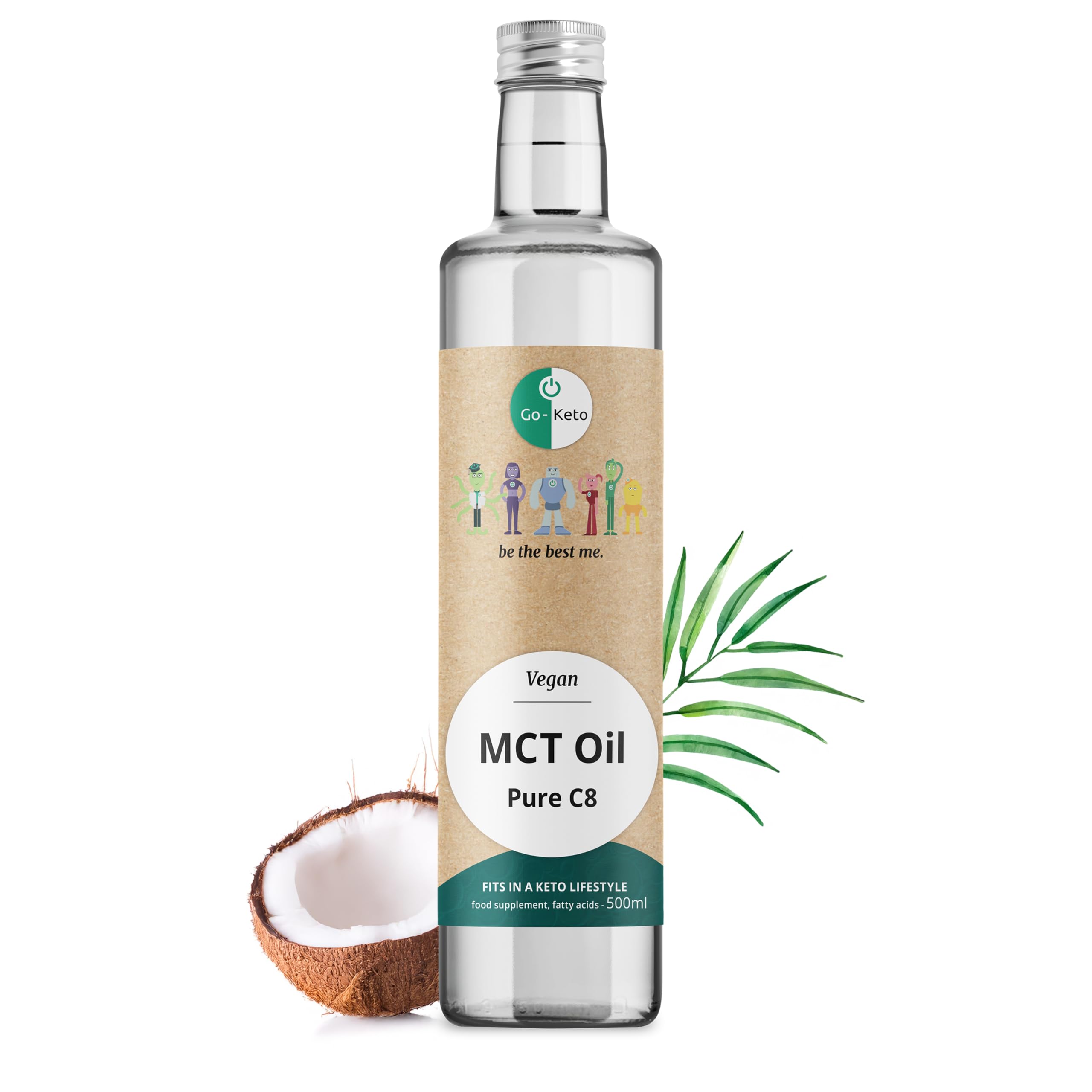 Go-Keto MCT Oil C8, 500 ml - HUILE TCM premium C8, dans bouteille en verre, 100% huile de coco, sans huile de palme, top pour le régime keto, our un bulletproof coffee, Paléo, végane