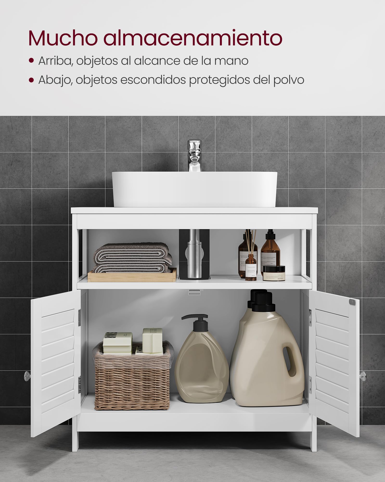 VASAGLE Mueble Bajo Lavabo, Mueble de Baño, Armario Bajo Lavabo, con 2 Puertas de Lamas, Mucho Almacenamiento, Estilo Moderno, 30 x 60 x 60 cm, Blanco BBC02WT