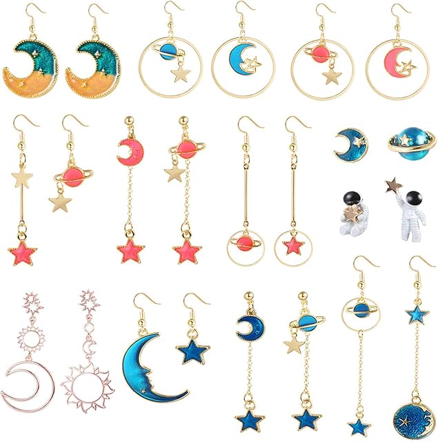 LOLIAS 12Pairs Women's Asymmetric Dangle Earrings Star Moon Earrings Earth Moon Earrings Sun Moon Earrings Drop Earrings Bohemia Moon Stud Earrings for Girls Women Small Astronaut Statement Earrings