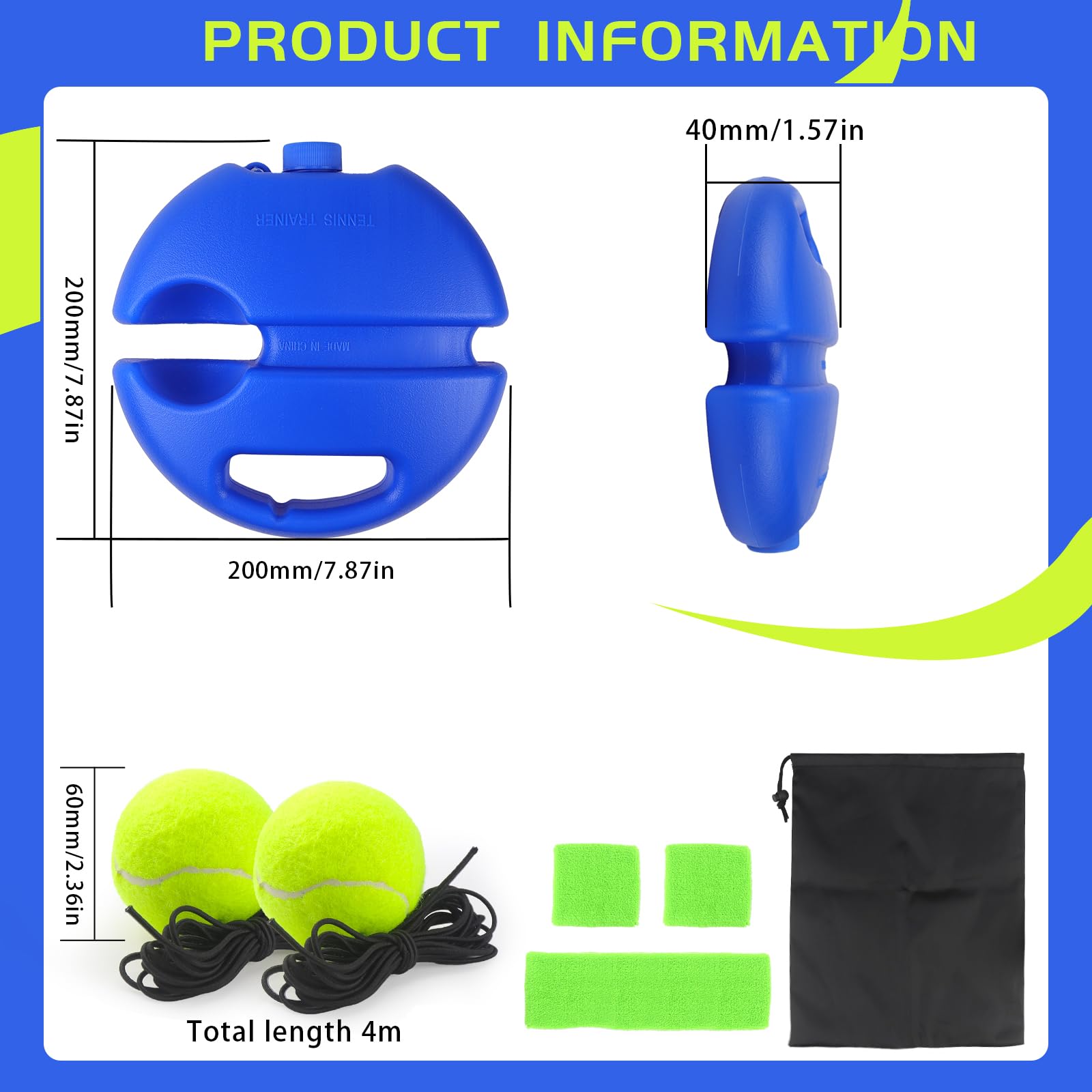 ELNLE Allenamento Tennis Trainer Elastico, Gioco Tennis con Pallina Legata con la Corda, Allenatore Tennis da Solo con 2 Sfere di Ricambio con Corda, per Allenamento Tennis da Solo