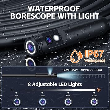 Dual Lens Endoscope Camera with Light, 1920P HD Borescope Camera with 4.3 LCD, 8 Adjustable LEDs, 16.4FT Semi-Rigid Cable & 32GB Card-IP67 Waterproof Inspection Borescope for Sewer/Drain/Pipe(Black)