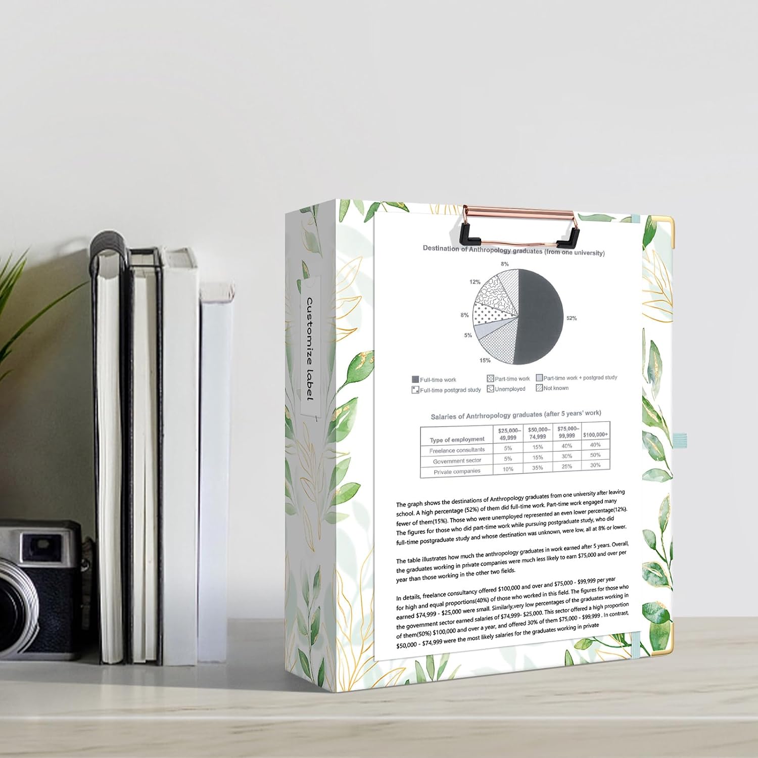 Ospelelf Binder 3 Ring 2 Inch, Green Floral Round Ring Clipboard Binder with 5 Tab Dividers for Letter Size Documents, for School and Office Supplies, Greenleaf