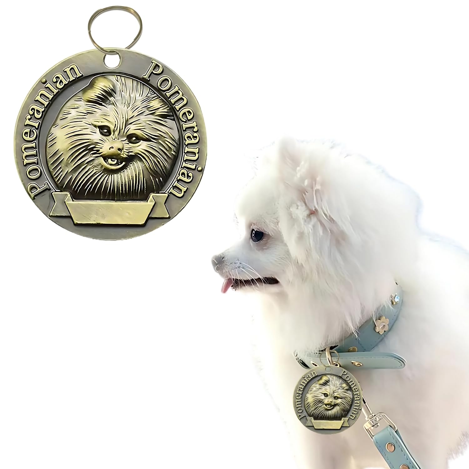 Western Era Pomeranian Bronze Tag with Dog Face Engraved – Durable Metal Pet ID Tag, Stylish, Sturdy, Long-Lasting, Scratch-Resistant, Lightweight, Attach to Dog Collar for Added Style & Security