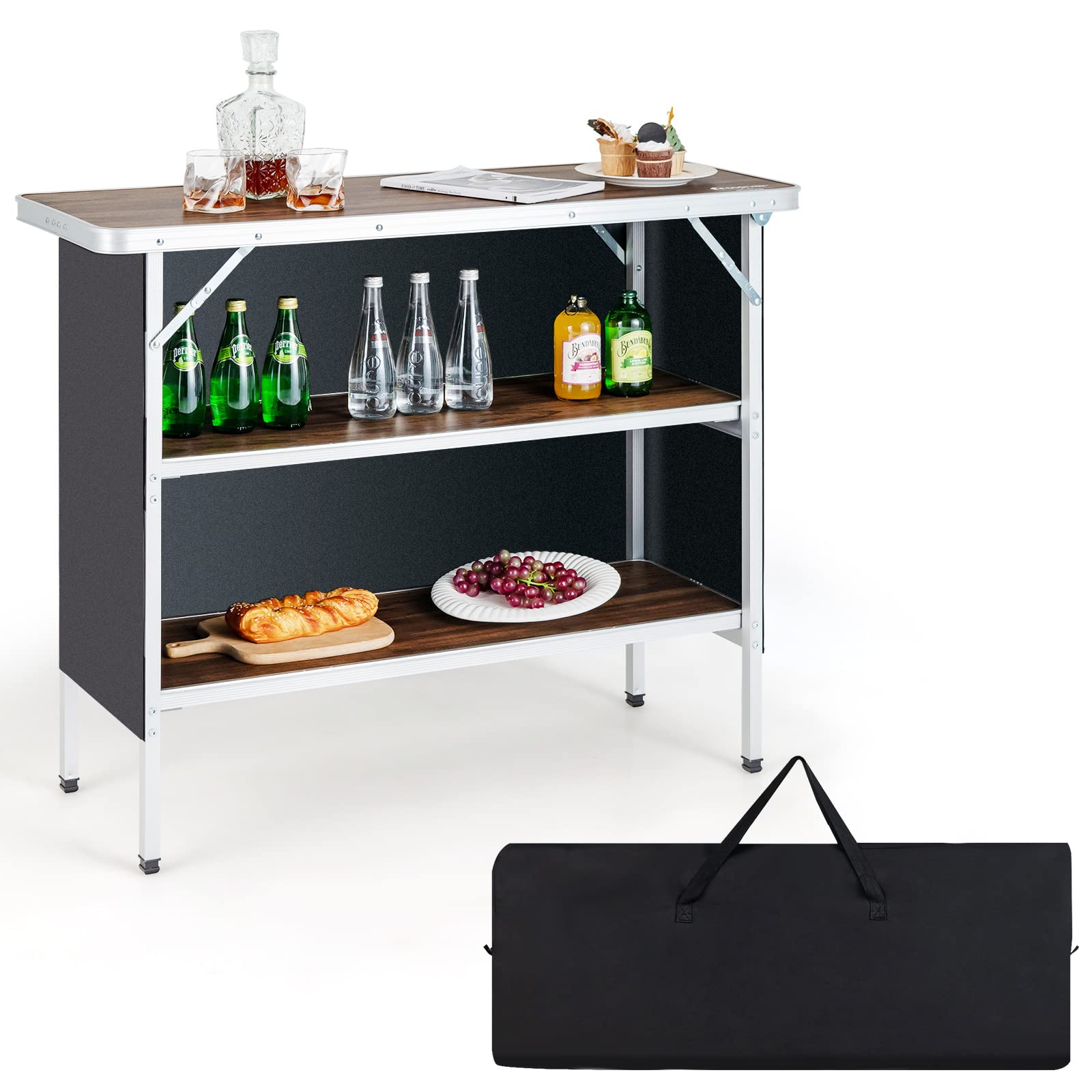 GOPLUS Mesa de camping plegable para picnic con almacenamiento, mesa portátil ligera de aluminio con bolsa de transporte, estación de preparación de alimentos con 2 estantes (café)