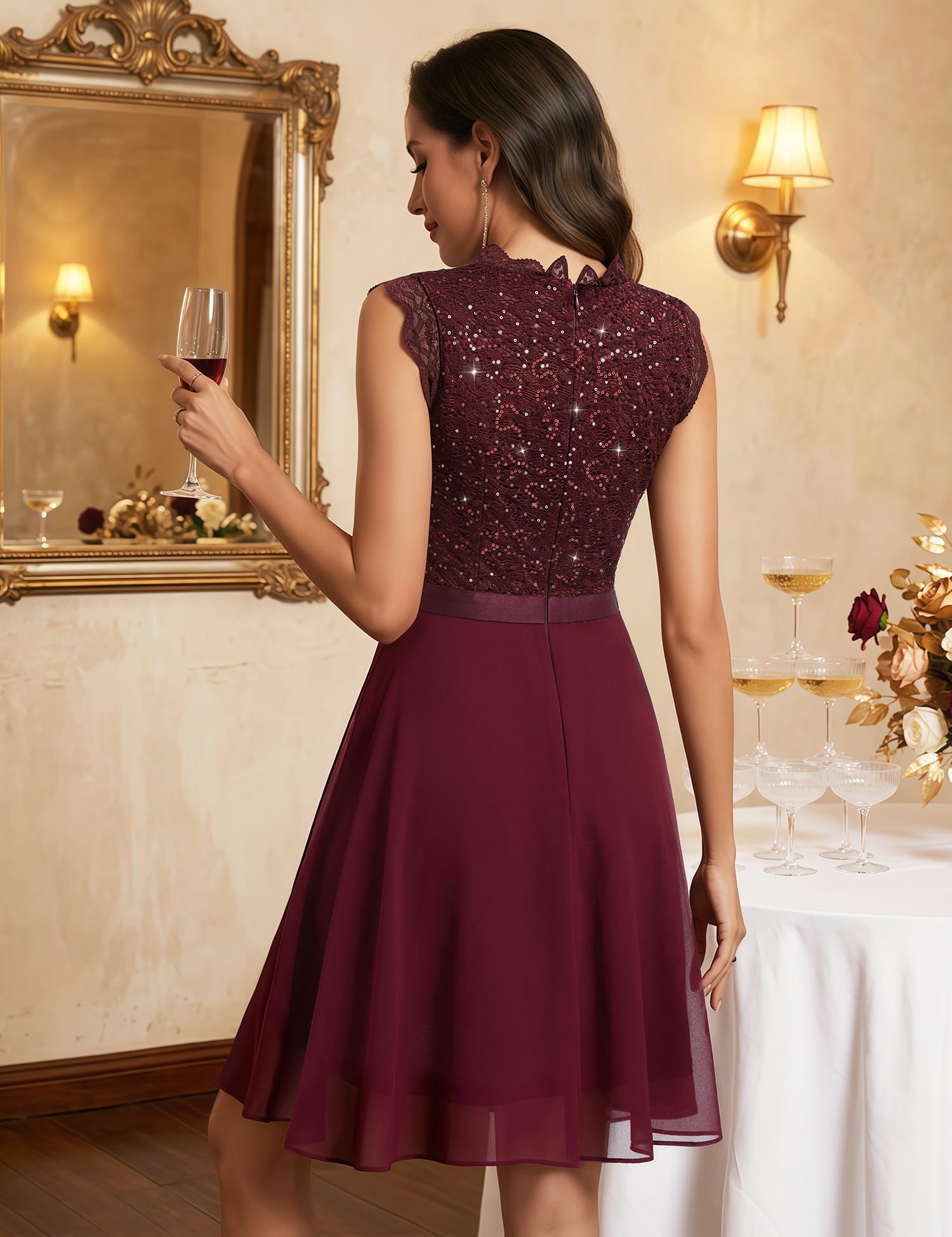 Robe de cocktail à paillettes pour femme - Élégante - Longueur genou - En mousseline de soie - Robe de mariage