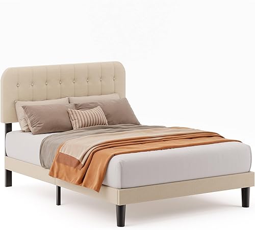 Miniatura 4 de Gizoon Base de cama Queen con cabecero, cama de plataforma tapizada con listones de madera resistentes, sin ruido, no necesita somier, fácil