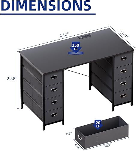 Miniatura 3 de Pamray Escritorio para computadora de 47 pulgadas con 8 cajones de tela, escritorio para juegos de PC, oficina en casa, estudio, mesa de escritura