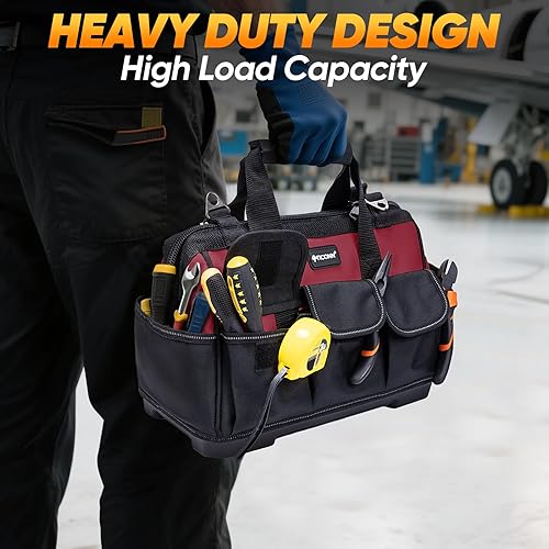 Miniatura 8 de TICONN Bolsa de herramientas con múltiples bolsillos de boca ancha para herramientas con correas reflectantes de seguridad, correa de hombro